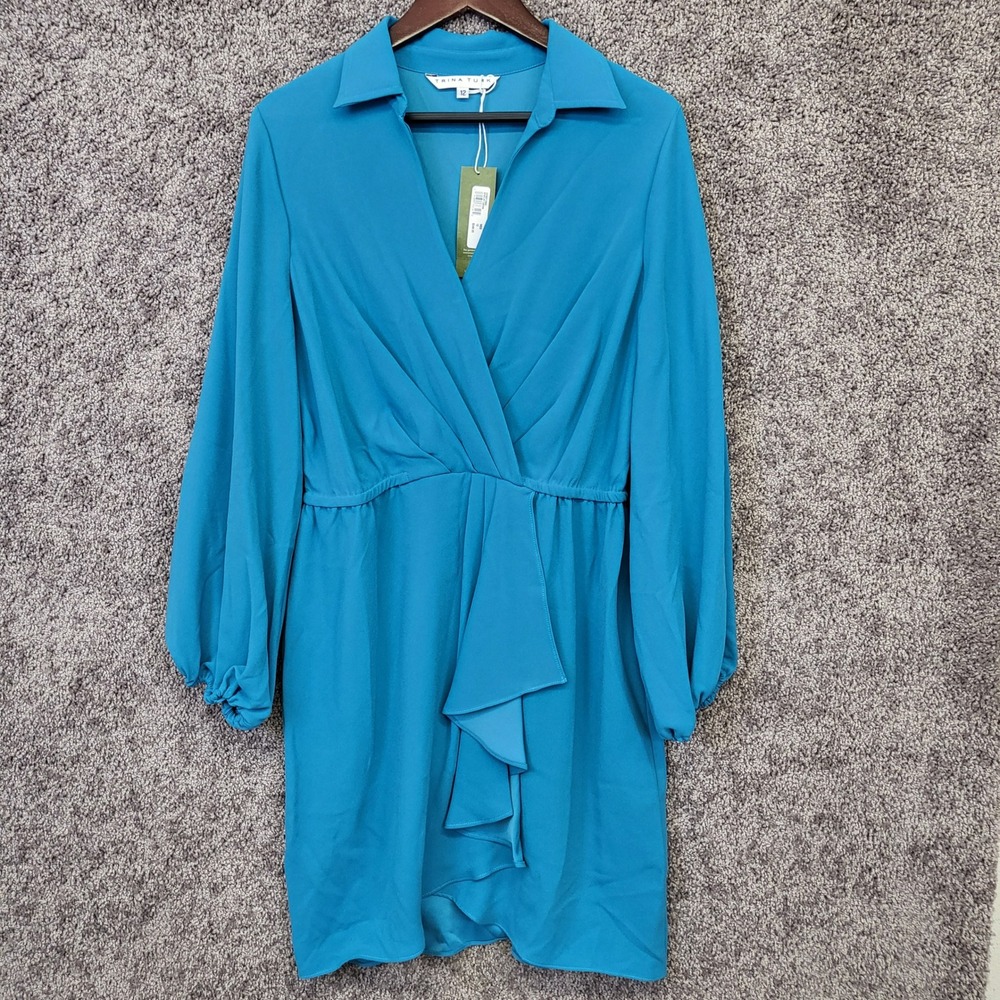 Trina Turk Revelry Dress Women 12 Blue NEW Wrap Ruffle Long Sleeve 2206312SB1